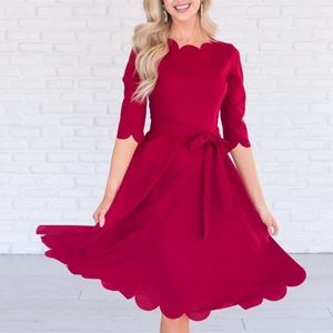 Crepe Red Wine A Line Midi Dress With Scalloped Raw Hem